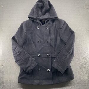 St. John's Bay Coat Womens Large Black Wool Cashmere Blend Hooded Pea Coat Lined